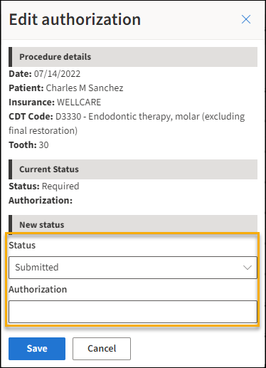 Edit authorization window with yellow highlight box around the Status and Authorization fields.